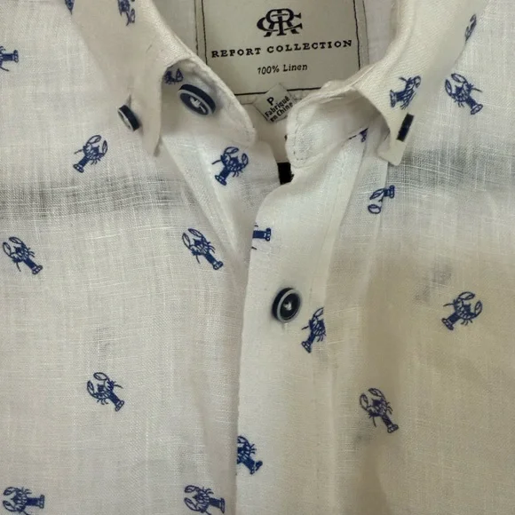 Report Collection Men’s White and Blue Linen Button Down Shirt w Lobsters - Picture 3 of 5
